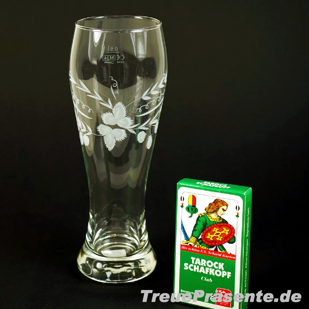 TreuePr&auml;sent Geschenkset Weizenbierglas & Schafkopfkarten