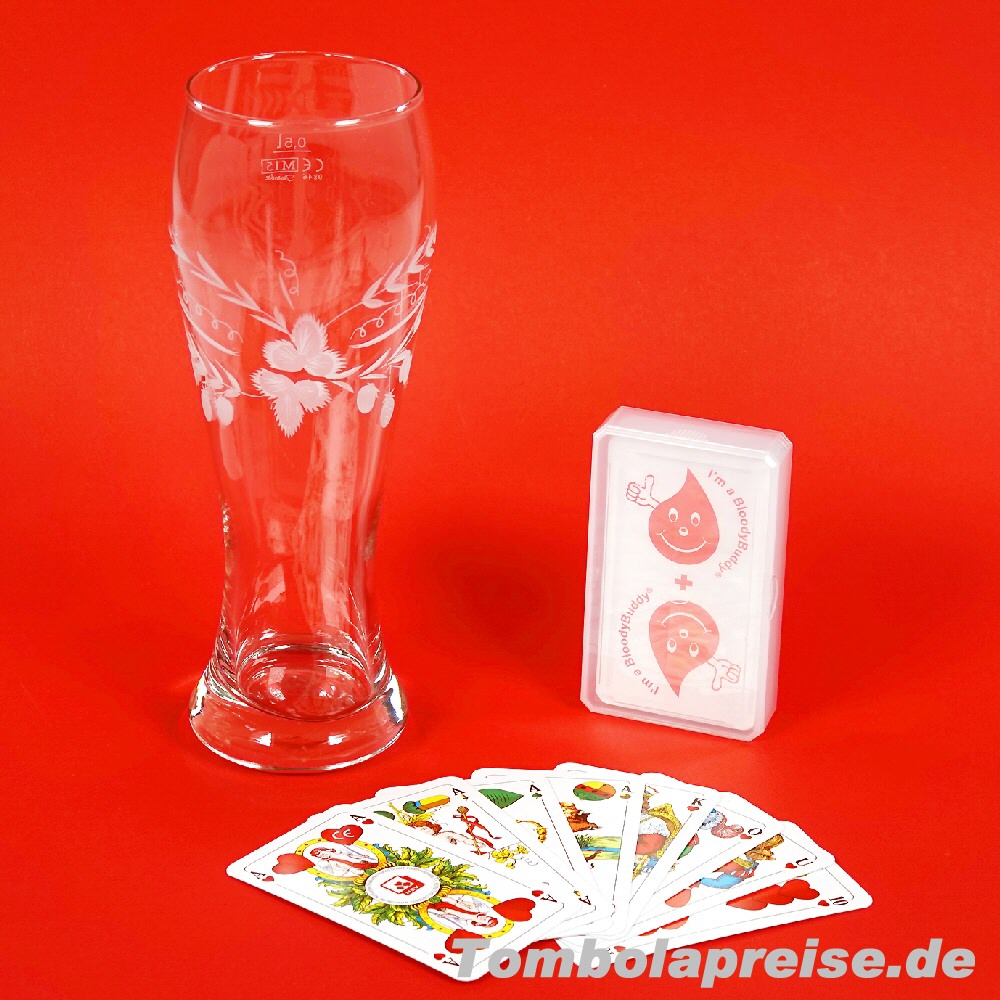 Tombolapreis Weizenbierglas mit Schafkopfkarten