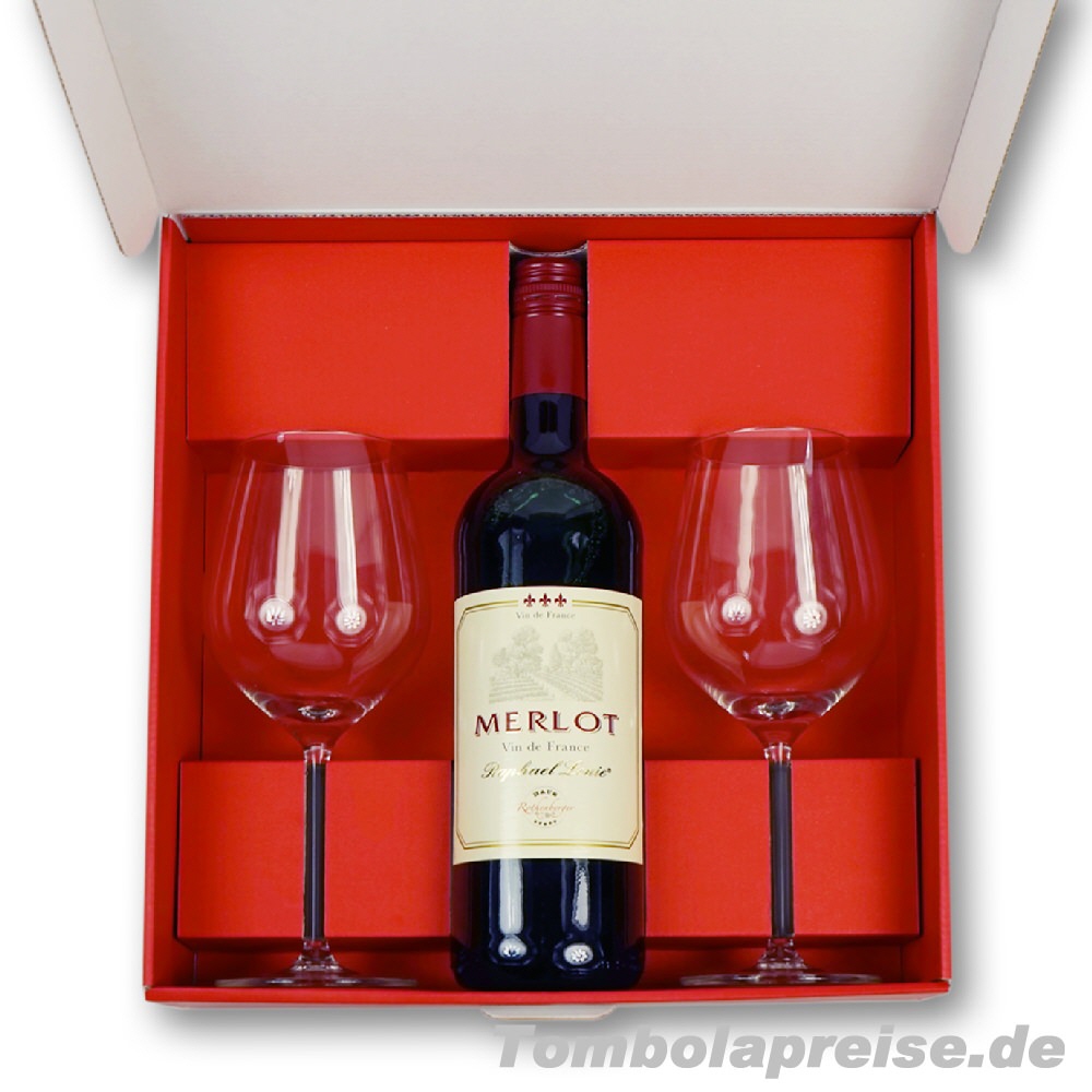 Tombolapreis Rotwein mit Gl&auml;sern in Geschenkbox
